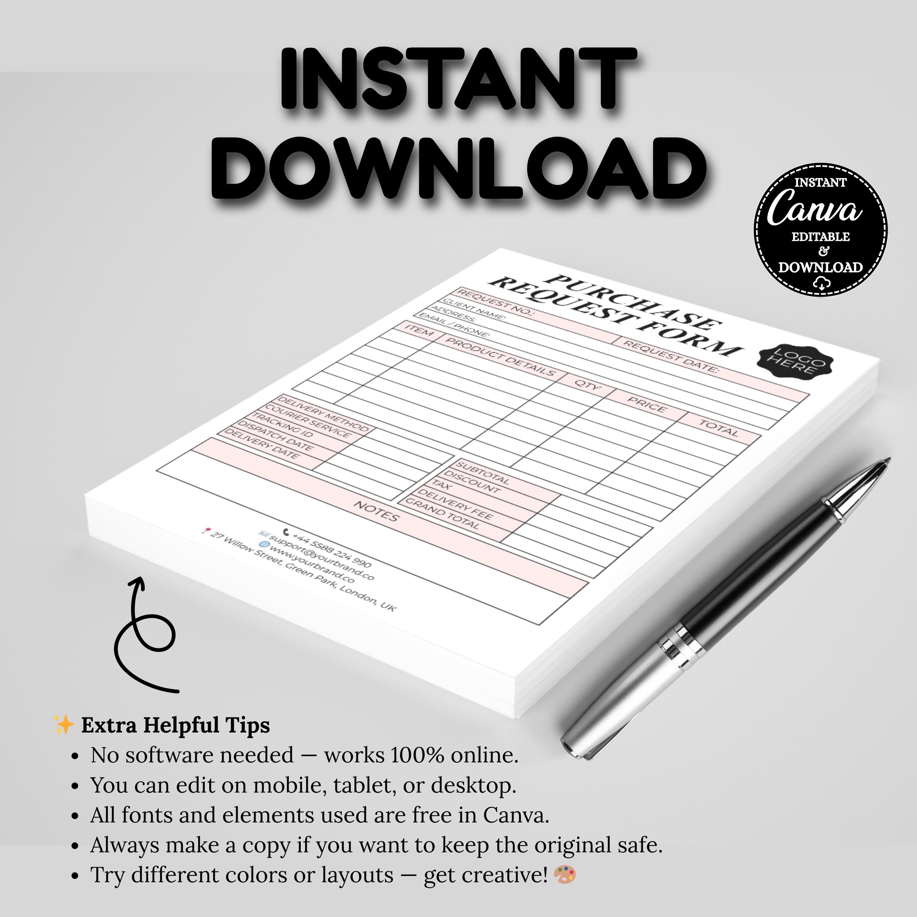 Custom Purchase Order Form Template - Fillable PDF for Etsy Shops ...