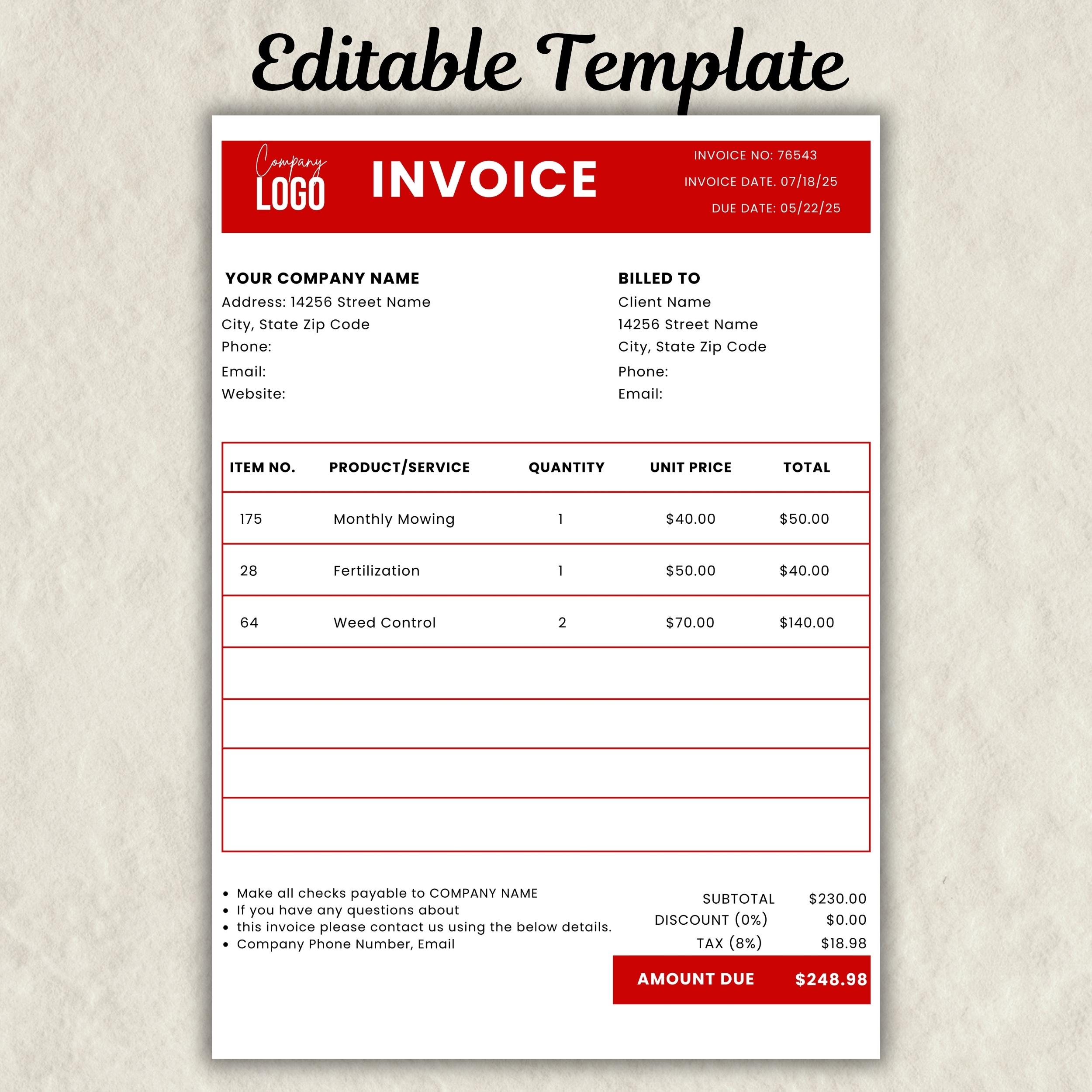 Editable Invoice Template Canva, Small Business Invoice Form ...