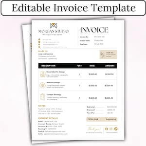 Op de afbeelding: Een bewerkbaar factuursjabloon met de tekst Editable Invoice Template bovenaan. Het document bevat secties voor de branding van Morgan Studio, factuurgegevens, factuuradresinformatie, een tabel met posten en betalingsgegevens.