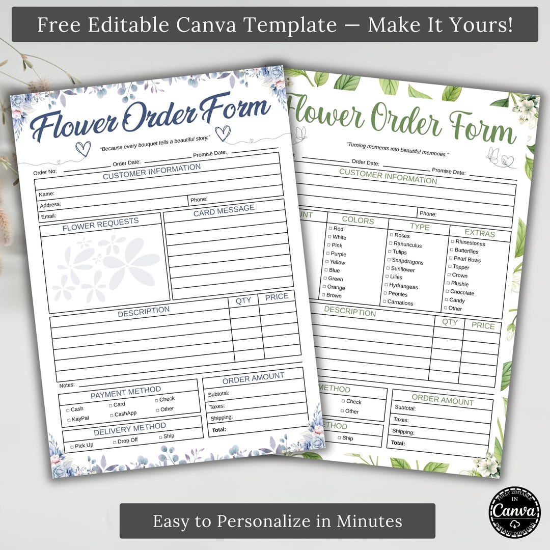 Flower Order Form Canva Template, Florist Order Sheet Printable ...