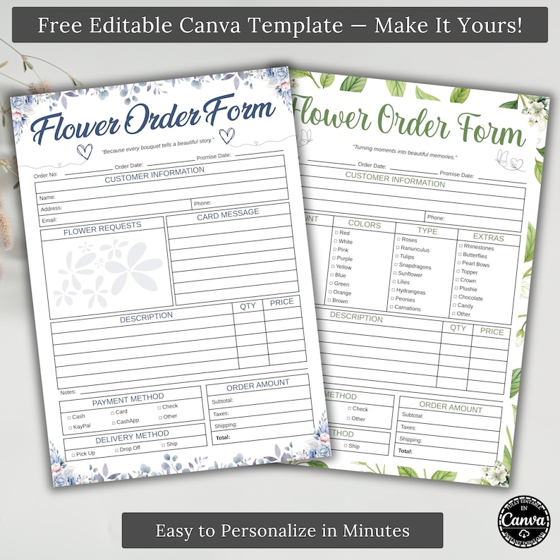 Flower Order Form Canva Template, Florist Order Sheet Printable ...