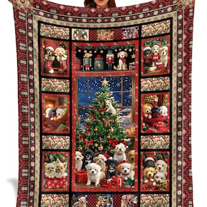 Christmas Puppy Blanket, Cute Dog Lover Holiday, Cozy Xmas Throw with Christmas Tree, Puppy Lover Gift Winter Bedding, Throw For Sofa, Bed