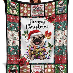 Christmas Pug Blanket, Cute Dog Lover Gift, Merry Christmas Fleece Throw, Funny Puppy Quilt, Holiday Pet Decor Bedding, Throw For Sofa, Bed