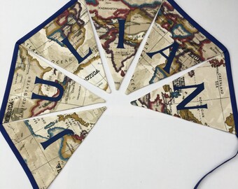 personalized map bunting personalised name banner beige world map fabric map bunting