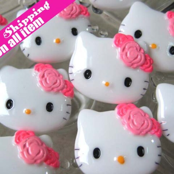 New Arrival Cute Flatback Kitty Face Cabochons // 25 x 22mm , RoseBush Bow, 8pcs