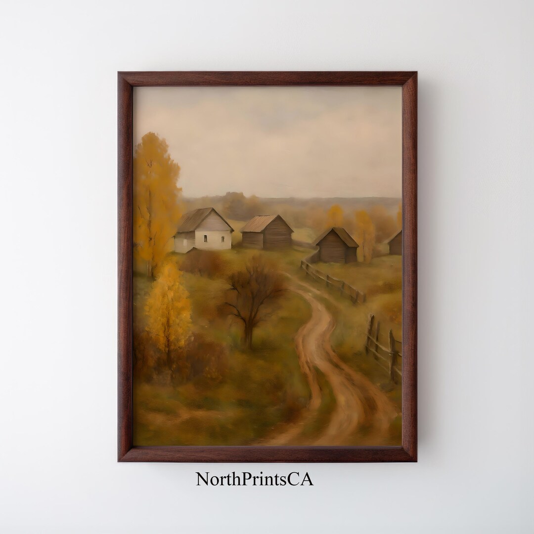 Rustic Farmhouse Landscape Oil Painting Print: Vintage Autumn Cottage ...