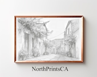 Italian Village Sketch: Vintage Street Scene Pencil Drawing (Digital Download)