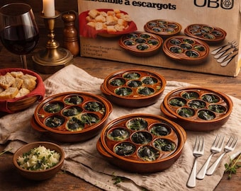 Vintage ceramic snail set | Snail set with forks | Retro French tableware | Rustic bistro kitchen decor