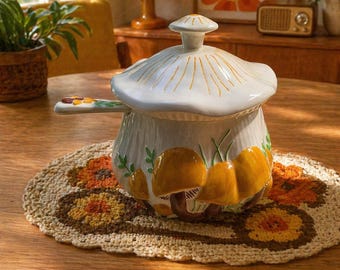 Azucarero de cerámica vintage de los años 70 con forma de seta, tapa y cuchara | Azucarero retro kitsch | Decoración bohemia psicodélica | Decoración de cocina