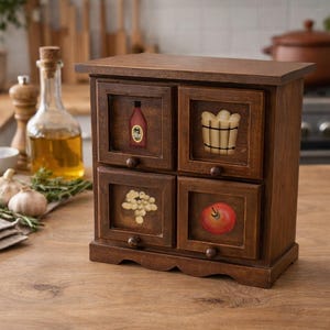 May include: A wooden spice cabinet with four drawers, each featuring a painted food illustration. The cabinet is brown and sits on a wooden surface. The illustrations include a bottle, a basket of bread, grapes, and an apple.