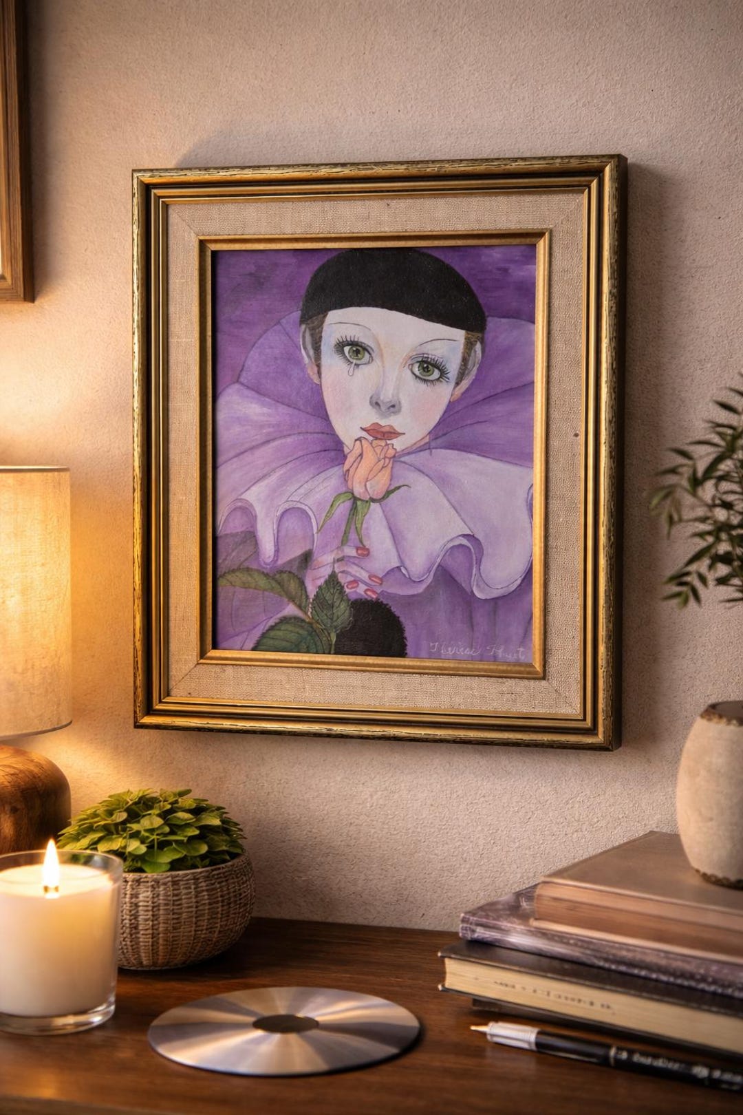 ヴィンテージ ロマンティック ピエロ 絵画 | サイン入り額入り絵画