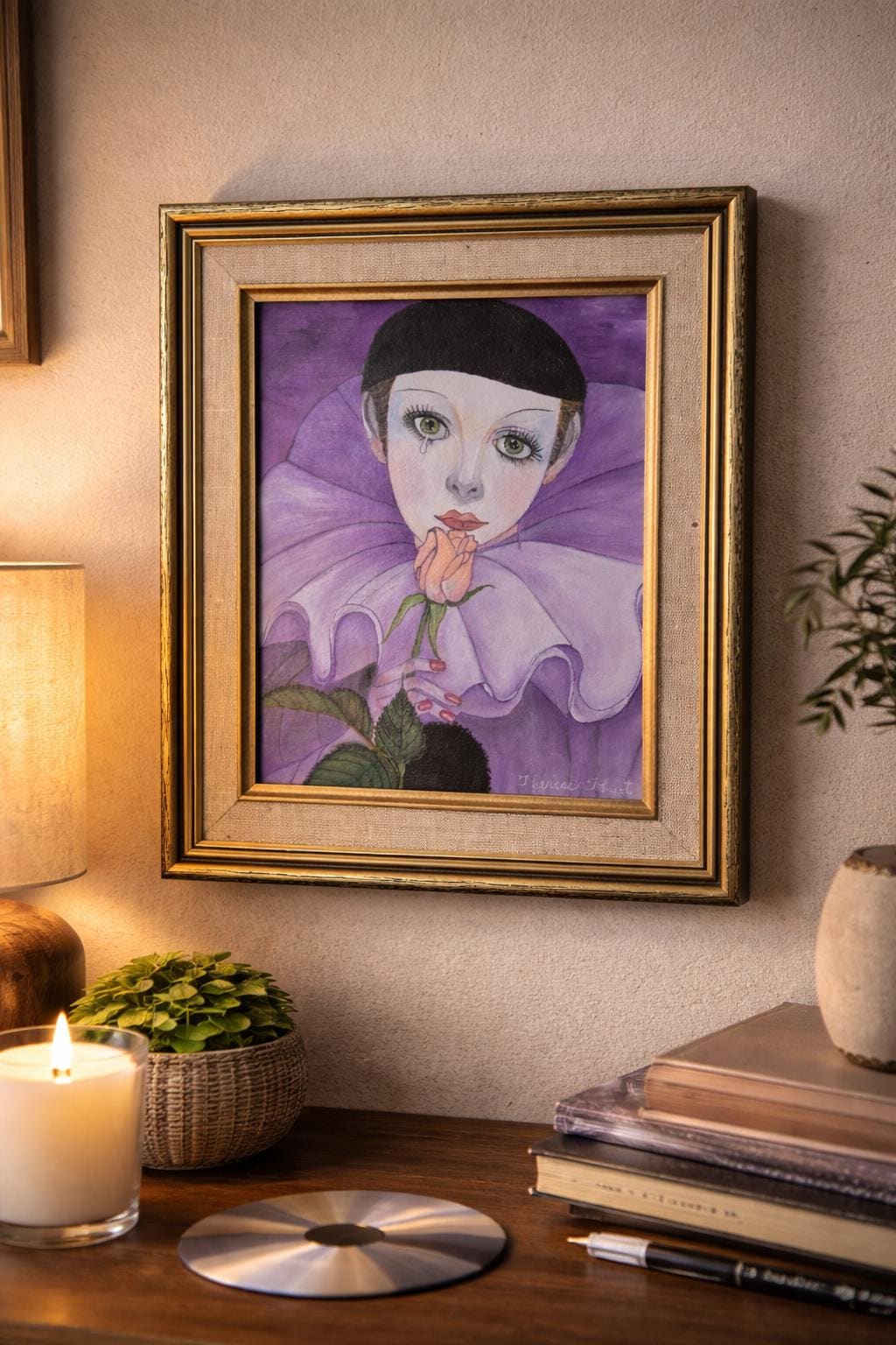 ヴィンテージ ロマンティック ピエロ 絵画 | サイン入り額入り絵画