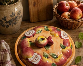 Forma de torta vintage com tampa decorada com maçãs | Forma de torta de cerâmica | Travessa retrô estilo fazenda/campo