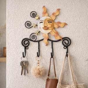 Llavero de pared con gancho, diseño de sol y luna, decorativo, estilo bohemio, hecho a mano.