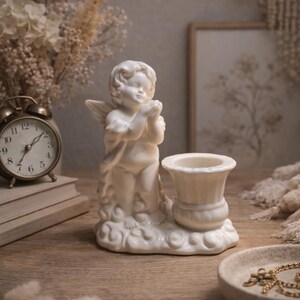 Peut inclure: Un bougeoir en céramique blanche en forme de chérubin. Le chérubin est debout, les mains jointes en prière, avec un bougeoir attaché. Une horloge vintage et des objets décoratifs sont en arrière-plan.