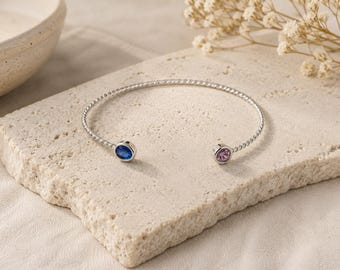 Bracciale rigido intrecciato in argento sterling 925 con zaffiro blu e pietre rosa lilla | Bracciale minimalista aperto in stile boho chic