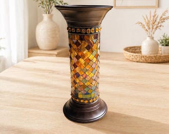 PartyLite Vintage Amber Mosaic Decorative Vase | 70s Boho Style | Centerpiece | Warm Decor | Decorative Candle Holder/Vase