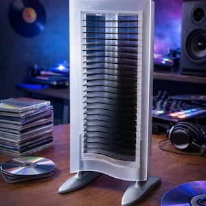 May include: A silver CD storage tower with black horizontal slats, standing on a wooden surface. CDs and a stack of CD cases are visible. A neon music note sign and DJ equipment are in the background.