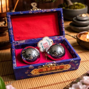 May include: Two shiny, silver metal balls rest inside a blue and red velvet-lined box with gold accents. The box is open, revealing the contents. The background includes a bonsai tree and a lit candle.