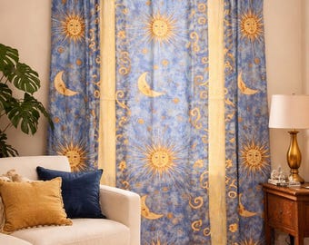 Large Vintage Sun & Moon Curtain – 69"x69" – XXL Panel – Hook Hanging – Blue and Gold – Mystical Boho 90s