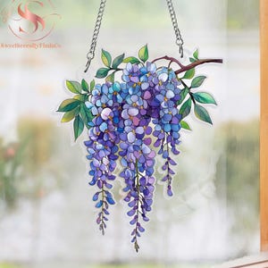 Purple Wisteria Branch Acrylic Suncatcher Gift for Mom, Floral Window Hanging Decor,Garden Flower Gift,Flower Home decor,Botanical Gift Idea