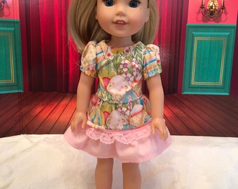 14 inch doll handmade Easter dress and barrette, fits Wellie Wisher dolls