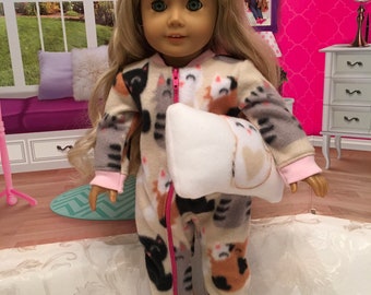 18 inch doll winter fleece footie pajamas cat print fits like American Girl.