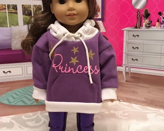 18 inch doll purple hoodie and leggings, “Princess” graphics, fits American Girl and Our Generation dolls