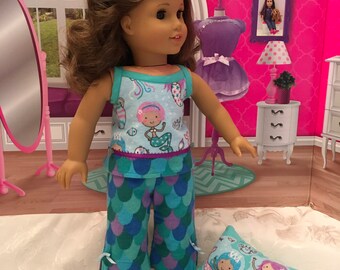 Handmade mermaid flannel pajamas fits 18 inch dolls like American Girl and Our Generation dolls.