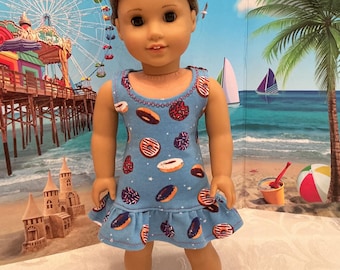 Fourth of July summer ruffles handmade sleeveless dress with matching hair scrunchie fits 18 inch dolls like  Our Generation