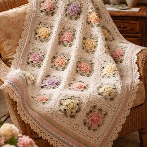May include: A cream-coloured crocheted blanket with a floral pattern, draped over a wicker chair. The blanket features square blocks with raised, three-dimensional rose appliqués in pastel colours. The edges are finished with a scalloped border.