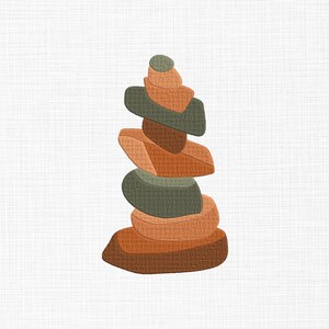 May include: An abstract illustration of a stack of stones in shades of brown, orange, and green. The stones are of varying sizes and shapes, creating a balanced, zen-like composition. The background is a textured white.
