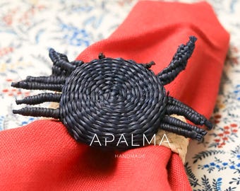 Handwoven Iraca Palm Crab Napkin Ring – Navy Blue Coastal Table Decor