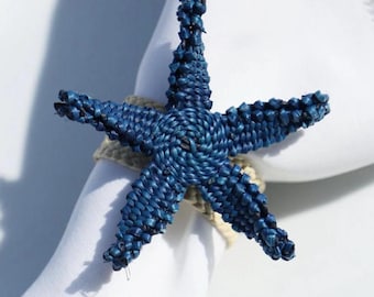 Woven Iraca Palm Starfish Napkin Ring - Coastal Navy Blue or Orange Table Decor