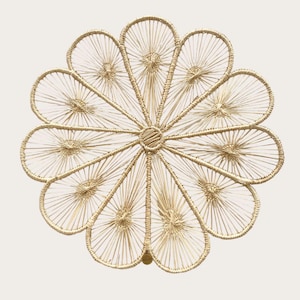 以下が含まれることがあります： 自然色の麦わらまたはラフィアで織られた、花の模様の円形プレースマット。中央に織り込まれた円と、放射状の花びら型のセクションがあります。対称的なデザインは、インテリア装飾に適しており、直径約30cmです。