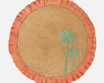 Sunset Wave Ruffle Placemat Set of 2 | Coral Coastal Decor | Palm Tree Table Setting | Artisan Handwoven Fiber , Rustic Summer Charger Plate
