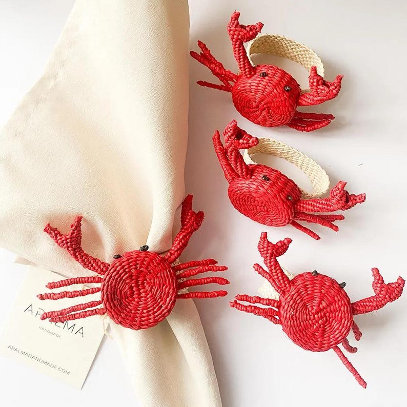 Handwoven Iraca Palm Crab Napkin Ring - Coastal Table Decor Red