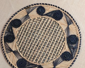 Handmade Woven Iraca Palm Placemat, Navy Blue Coastal Table Decor