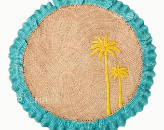 Sunrise Wave Ruffle Placemat Set of 2 | Tropical Palm Decor | Turquoise Coastal Table Setting | Handwoven Natural Fiber