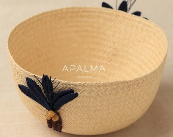 Palm Tree Navy Woven Basket Handmade in Iraca Palm for summer tablescape, rustic centerpiece, coconut 3d design