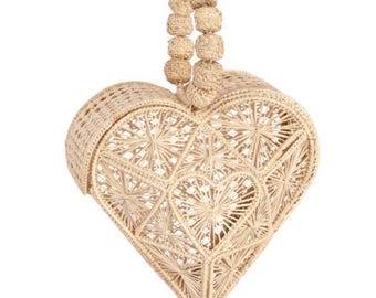 Heart-Shaped Iraca Palm Bag – Handmade Woven Basket Purse , Beige Color