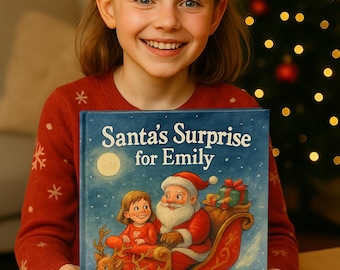 Könnte beinhalten: Ein lächelndes Mädchen hält ein Kinderbuch mit dem Titel "Santa's Surprise for Emily" in den Händen. Das Cover zeigt den Weihnachtsmann in einem Schlitten mit einem Mädchen, Rentieren und Geschenken in einer Winterlandschaft. Das Mädchen trägt einen roten Pullover.
