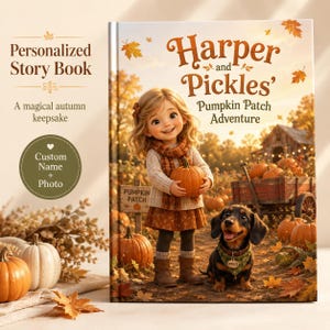 May include: A personalised storybook titled Harper and Pickles' Pumpkin Patch Adventure, featuring an illustration of a child holding a pumpkin next to a dachshund in a pumpkin patch, with text reading Personalised Story Book and Custom Name + Photo.