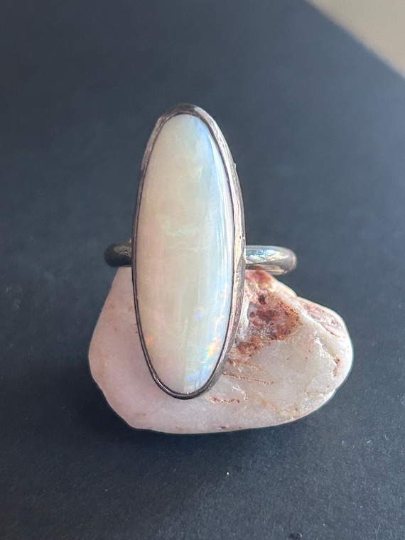 Rainbow Moonstone Statement Ring • Elongated Oval… - image 1