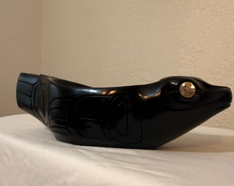 Pearlite Argillite Reproduction Seal Dish Black Carved Canada 9" Bowl Decor