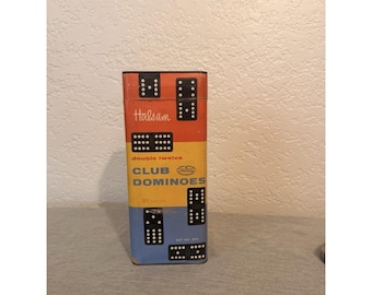 Juego de dominó Halsam de estilo moderno de mediados de siglo con lata gráfica original / Decoración MCM de la década de 1940