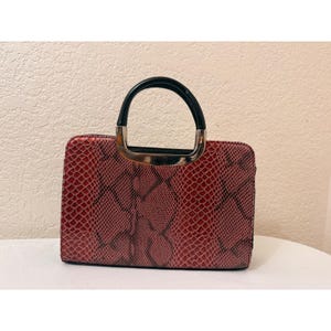 Vintage Python Print Frame Handbag Gold Metal Top Handle Structured Mod