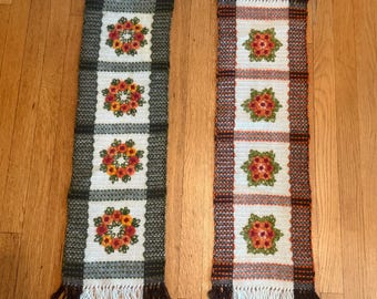 Set of 2 Deadstock Vintage Crewel Floral Wall Tapestries - 34" Fiber Art