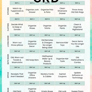 May include: A colorful 30-day decluttering challenge chart with daily tasks for kitchen, clothes, living room, bathroom, office, and garage organization. Includes tasks like organizing drawers, cleaning, and discarding items.