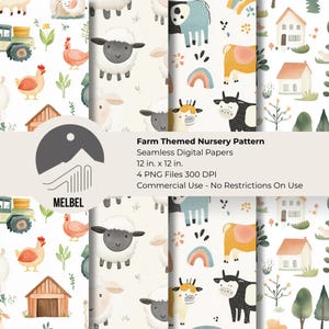 Farm Animals Nursery Digital Paper Pack Seamless Baby Shower Backgrounds Scrapbook Papers Junk Journal Ephemera Commercial Use